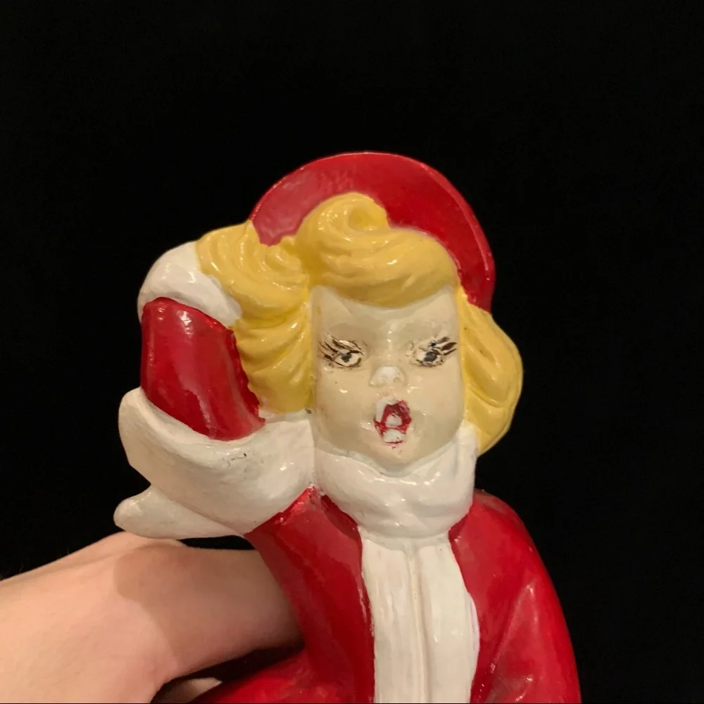 Vintage Ceramic Christmas Caroler Woman Red Flowing Dress Blowing in Wind FLAWS